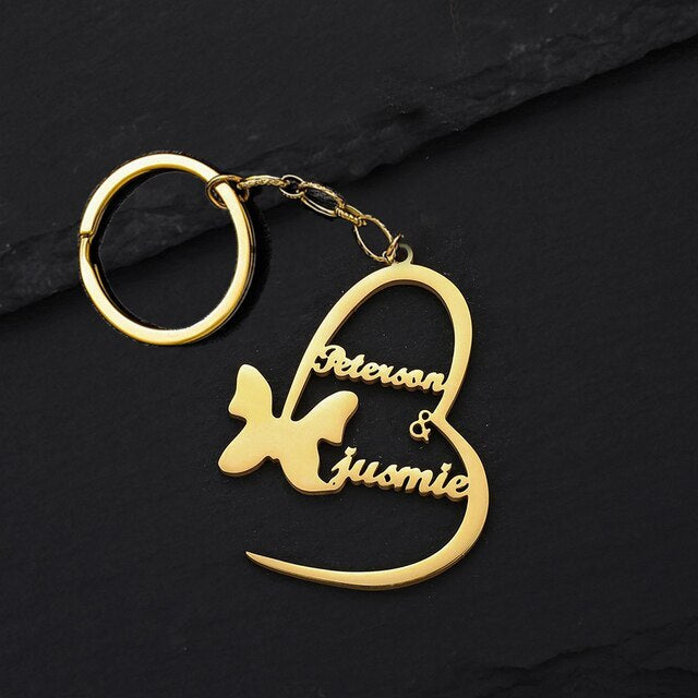 Personalized Heart And Butterfly Couple Name Keychain